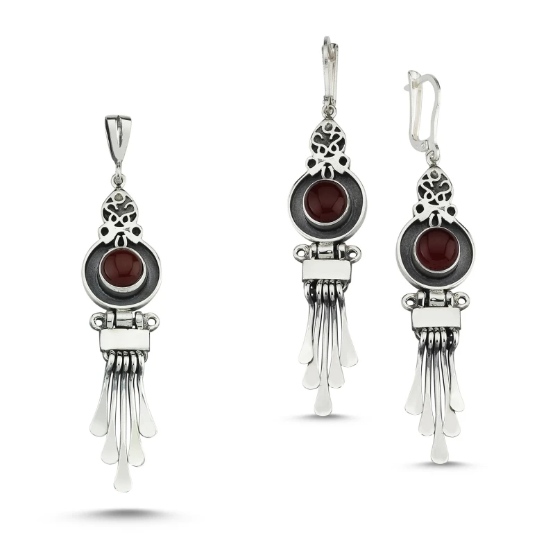 

Silver 925 Sterling Red Agate Stone Handwork Set