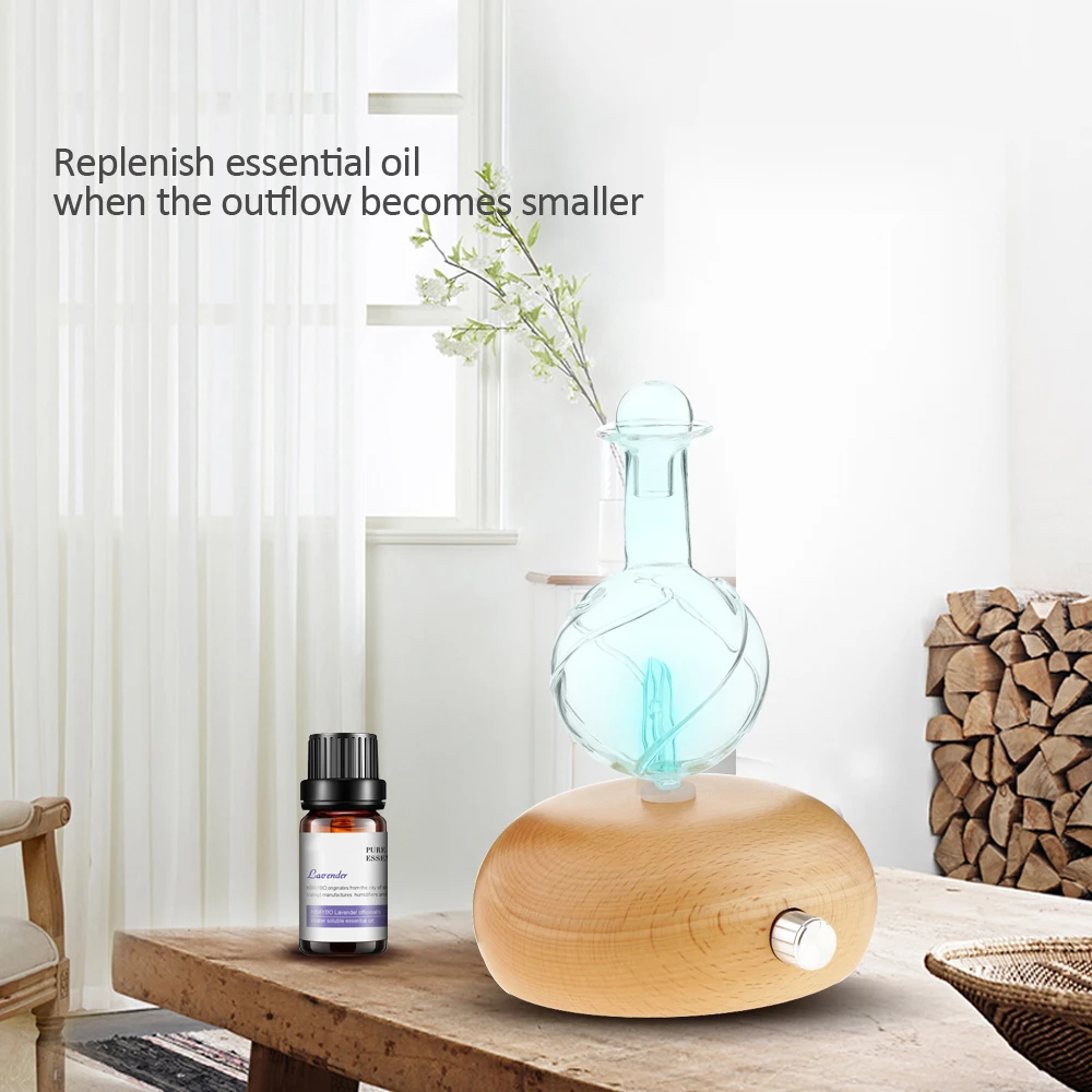 

Waterless Essential Oil Diffuser Wood Glass Aroma Nebulizer for Essential Oils with Colorful LED Light for Home Room Bedroom