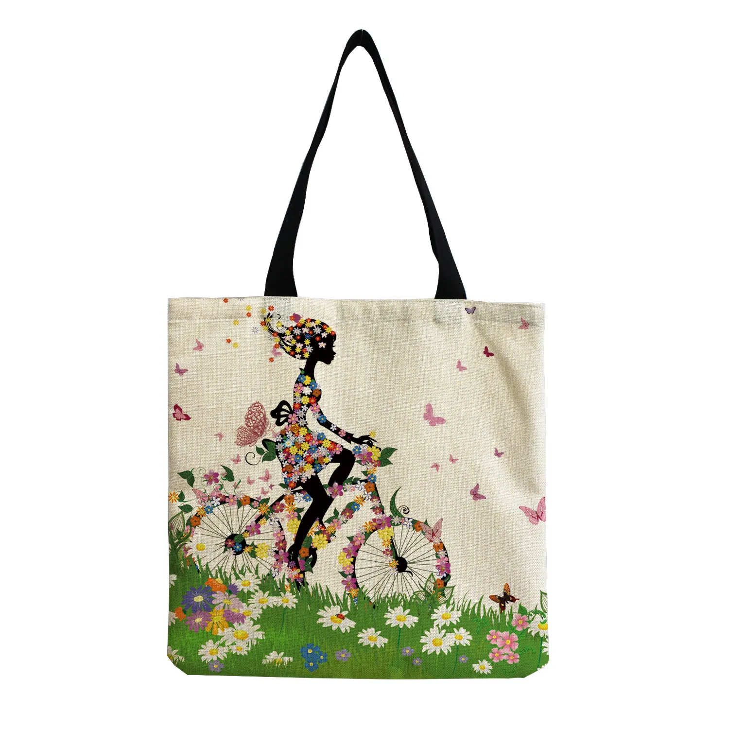 Flower Girl Print Linen Reusable Shopping Bags Women Large Tote Bags Fashion Handbags With Customized Printed Totes For Travel 