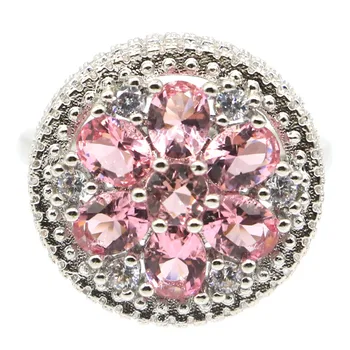 

18x18mm SheCrown Pretty Created Pink Morganite White CZ Woman's Jewelry Making Silver Rings