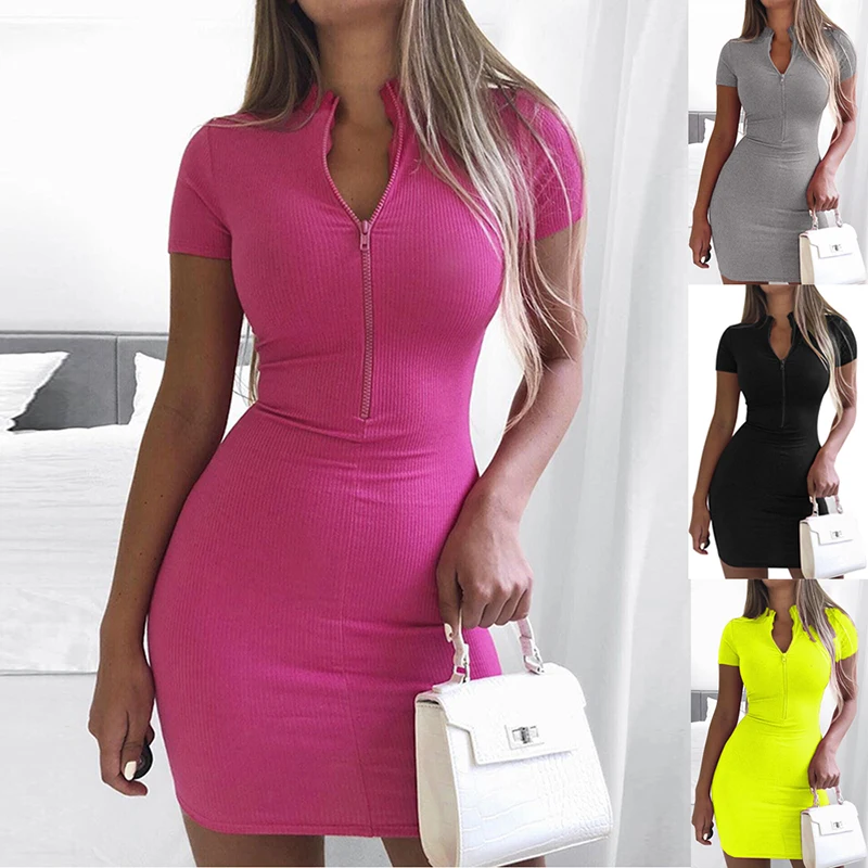 

2020 Summer Knitted Women Sexy Bodycon Mini Dress Short Sleeve Zipper Party Club Pencil Dress Fluorescent Green Black Plus Size