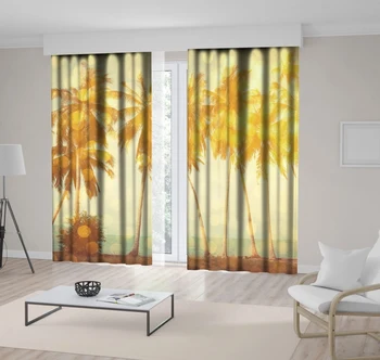 

Curtain Palm Trees on Tropical Beach with Golden Party Glamour Bokeh Overlay Romantic Summer Landscape Yellow Beige