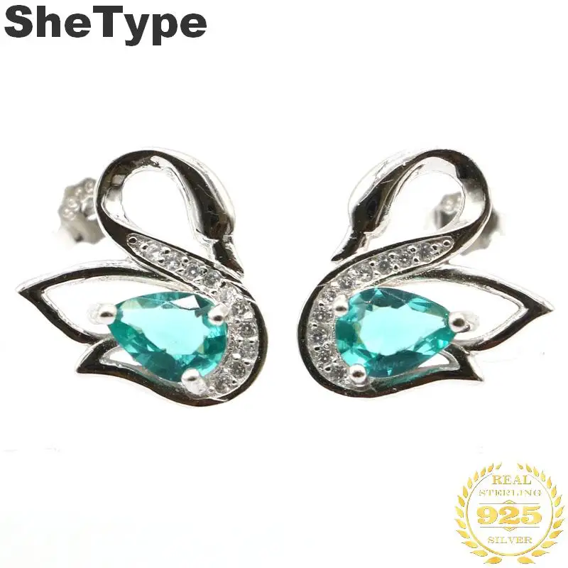 

15x14mm SheType 2.1g Elegant Swan Shape Created Rich Blue Aquamarine CZ Gift For Girls Real 925 Solid Sterling Silver Earrings