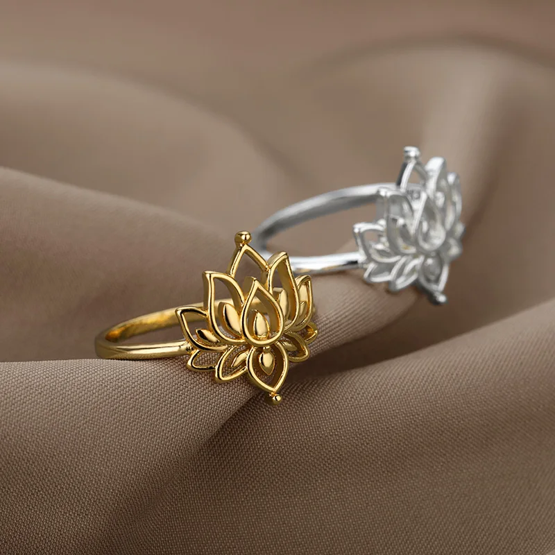 Stainless Steel Rings For Women Vintage Gold Lotus Flower Ring Men Moon Sun Opal Stone Ring Wedding Couple Rings Femme Jewelry