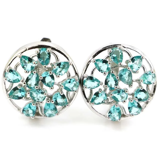 

Real 6.5g 925 Solid Sterling Silver Elegant Rich Blue Aquamarine SheCrown Stud Earrings 17x17mm