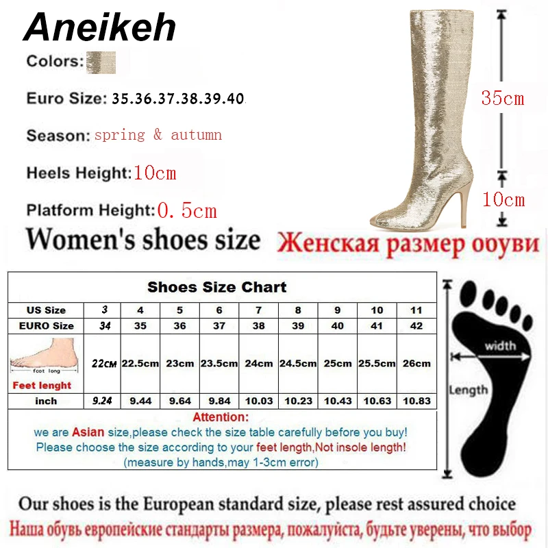 Aneikeh/модные золотистые блестящие ботинки с блестками; женские пикантные ботфорты с острым носком; высокие сапоги до бедра с блестками на высоком каблуке
