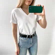 Summer T-Shirt Tees Short-Sleeve Basic Female V-Neck Women Ladies Hirsionsan 100%Cotton