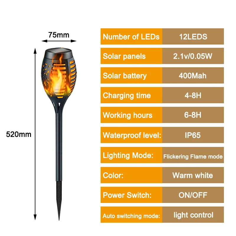 Outdoor Solar LED Torch Lights Sunlights Flashlight Waterproof Garden Decoration Lantern For Patio Street Balcony Yard Pathway
