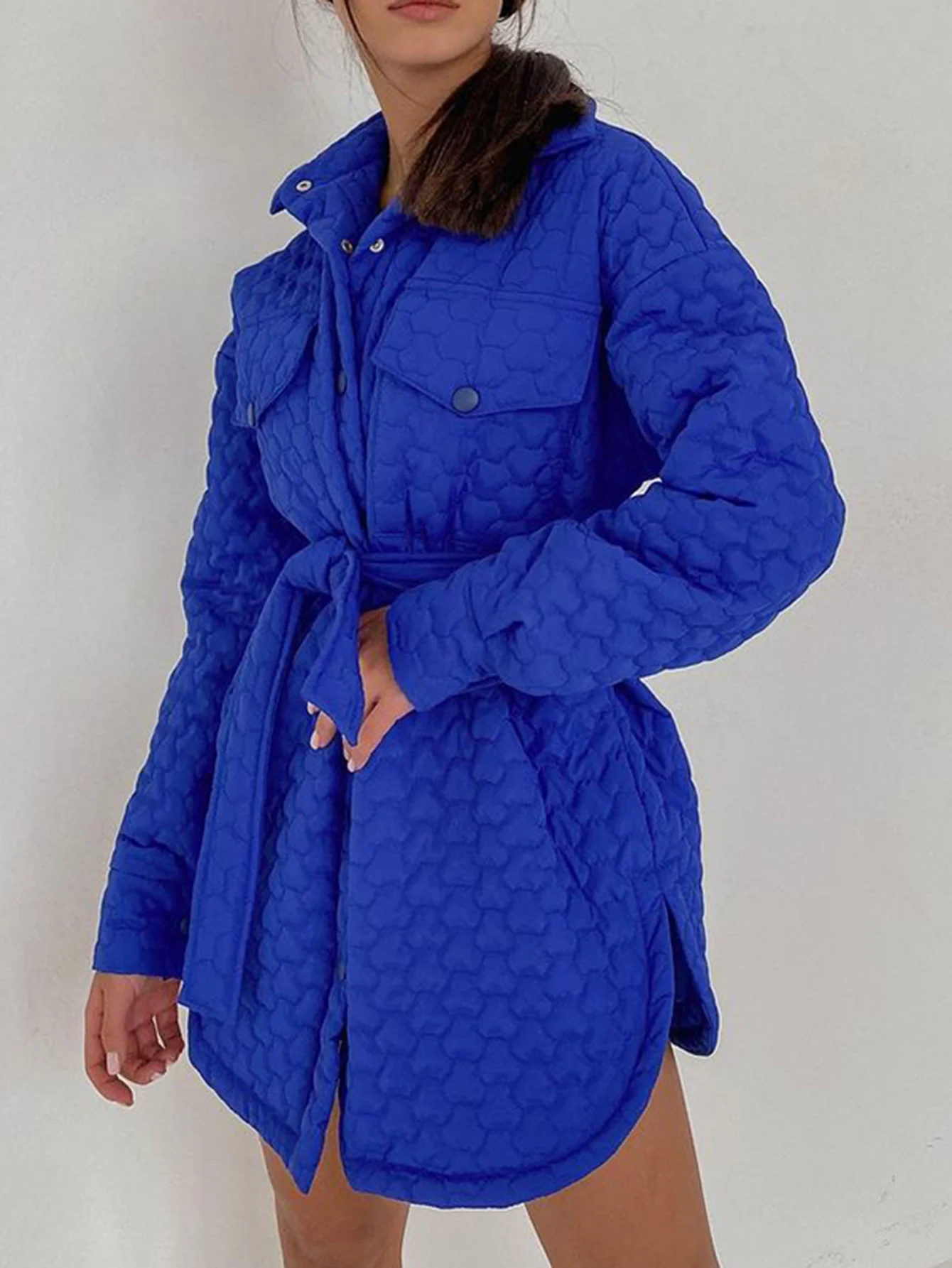 Berrygo Elegant Royal Blue Jacket Women Winter Coat Long Sleeve Lapel