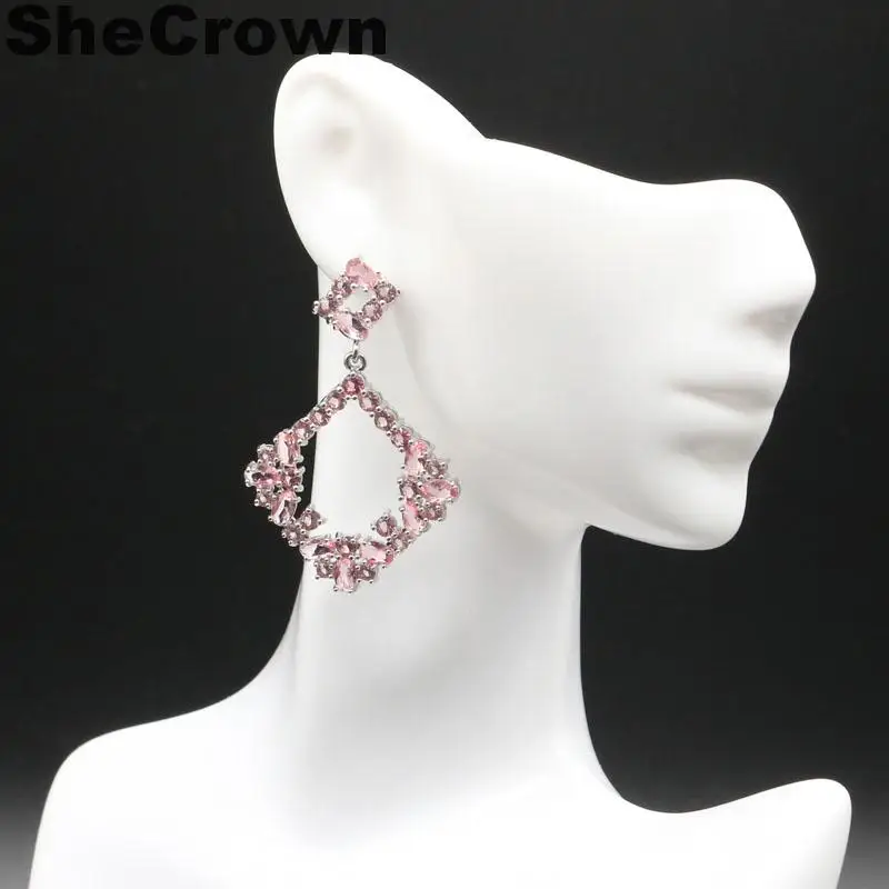 45x31 мм SheCrown Deluxe Длинные розовые морганитом, вечерние женские Серебряные серьги