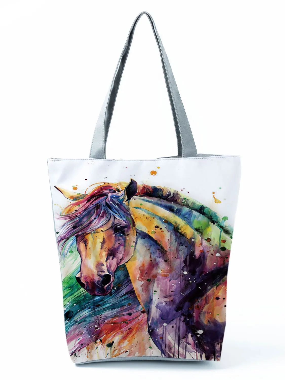 Watercolor Horse Print Shopping Bag Tote Folding Reusable Traveling School Shoulder Bag Casual Handbags For Women Custom Pattern 