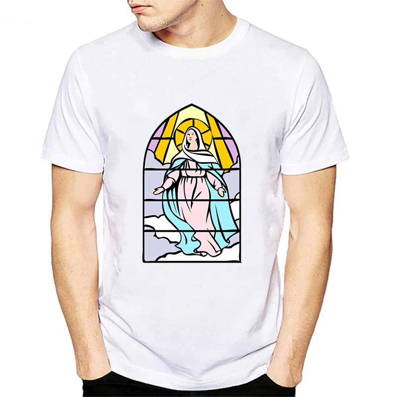 

Floral Virgin Mary Printing T Shirt Mother Of God Jesus Retro Tops Tees Bloody Mary Crown Male Cotton T-Shirt YH036
