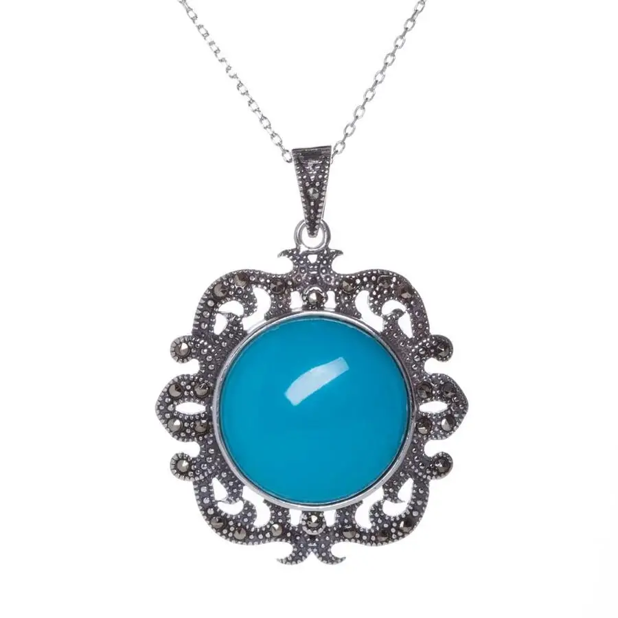 

925 Sterling Silver Ottoman Motif Round Blue Turquoise Stone Necklace Women Accessory Solid Fashion Gift Quality Stylish Modern
