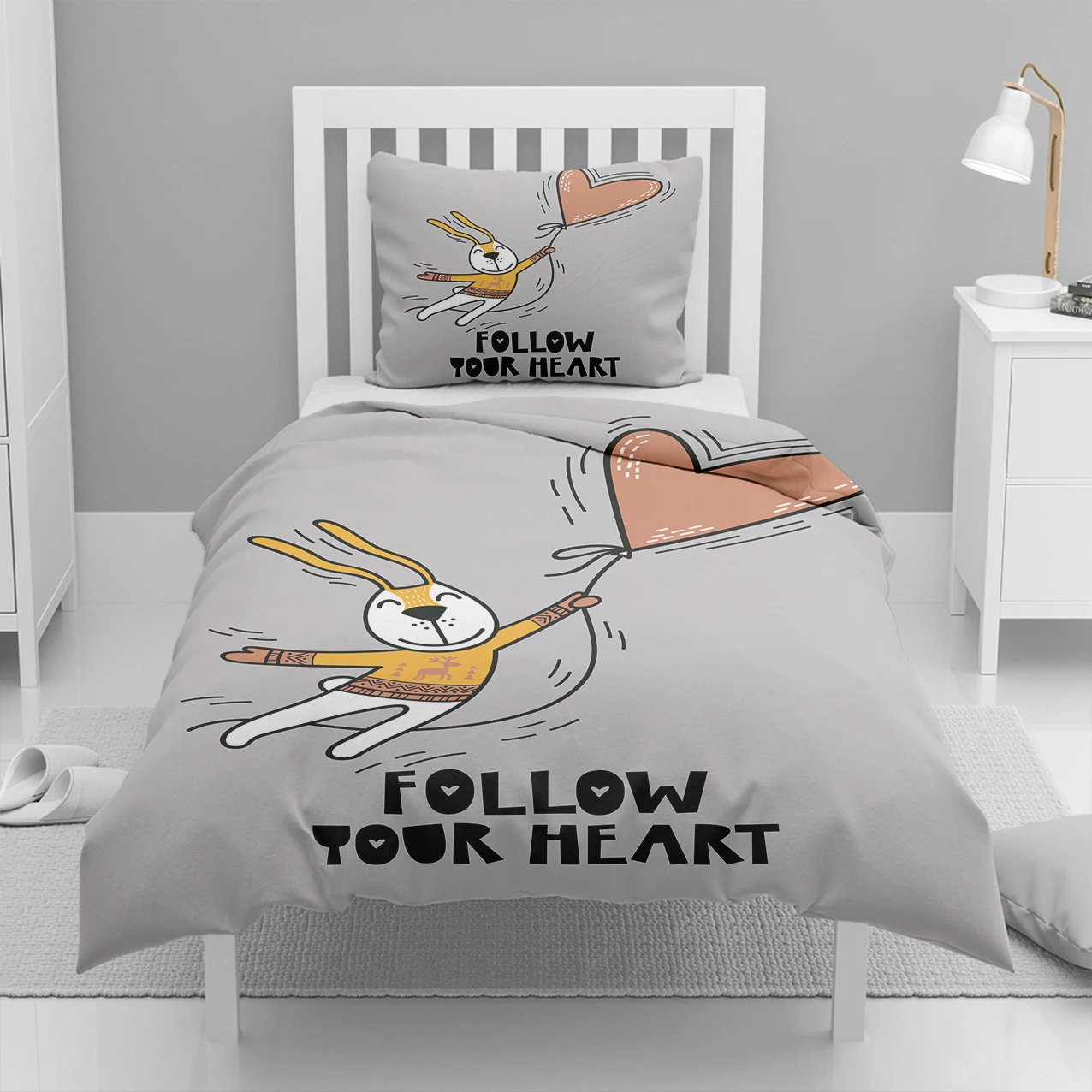 

Детский комплект постельного белья, хлопок, сатин, простыня, с милым серым желтым сердцем, Кроликом, 3D принтом, Комплект постельного белья, 4 шт.