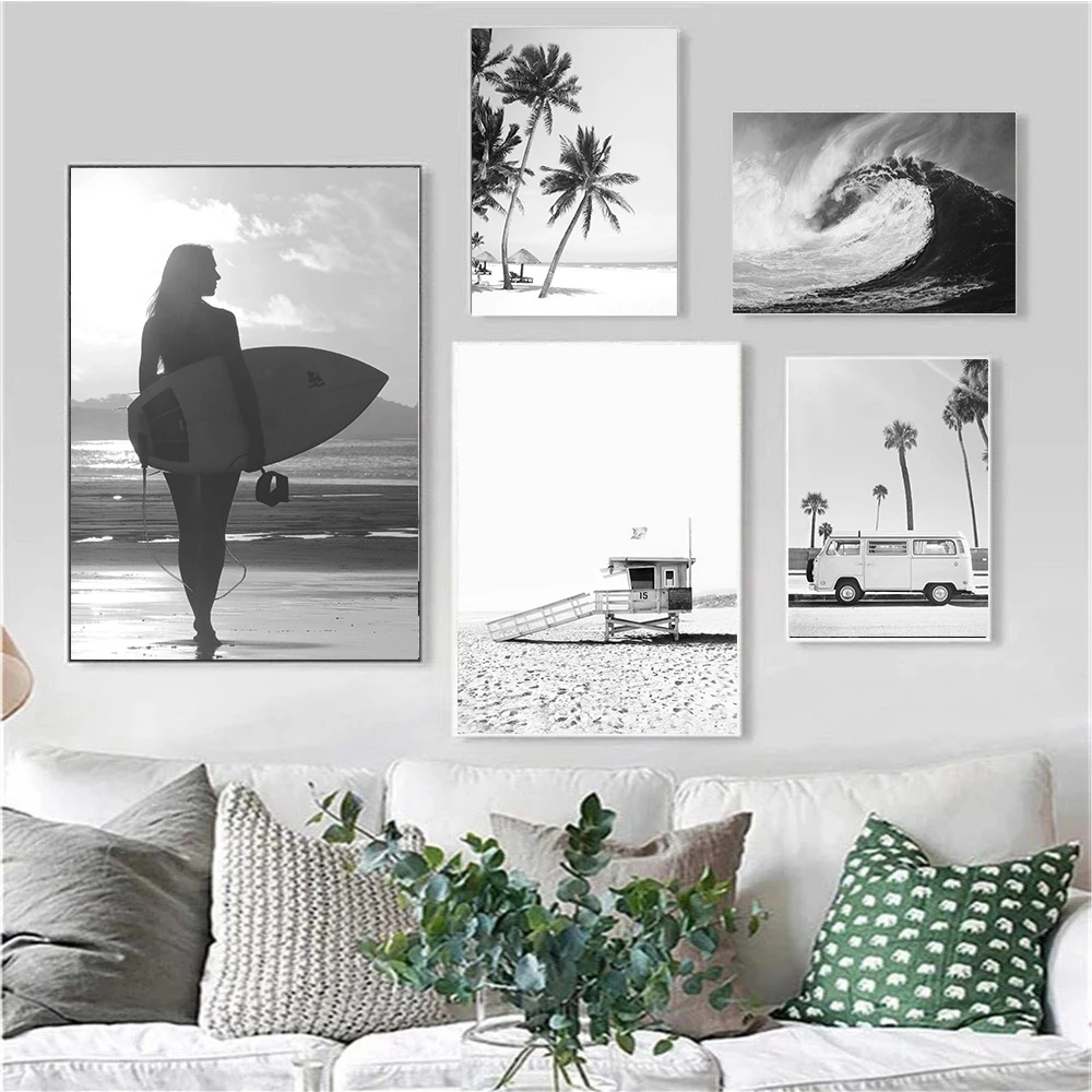 

Black White Sea Wave Bus Nature Seascape Canvas Painting Print Nordic Surf Beach Poster Wall Art Pictures Living Room Home Decor