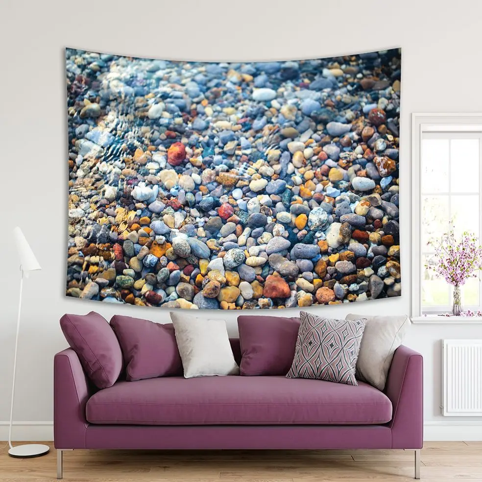 

Tapestry Colorful Stones and Rocks Under Water in Leland Lake Michigan Nature Scenery Decorative Photo Blue Yellow Beige