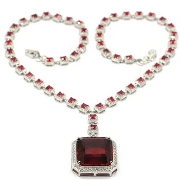 

27x27mm Luxury Big Heavy 42g Created 22mm Raspberry Rhodolite Garnet CZ Woman's Engagement Silver Necklace 18.5-19.5inch