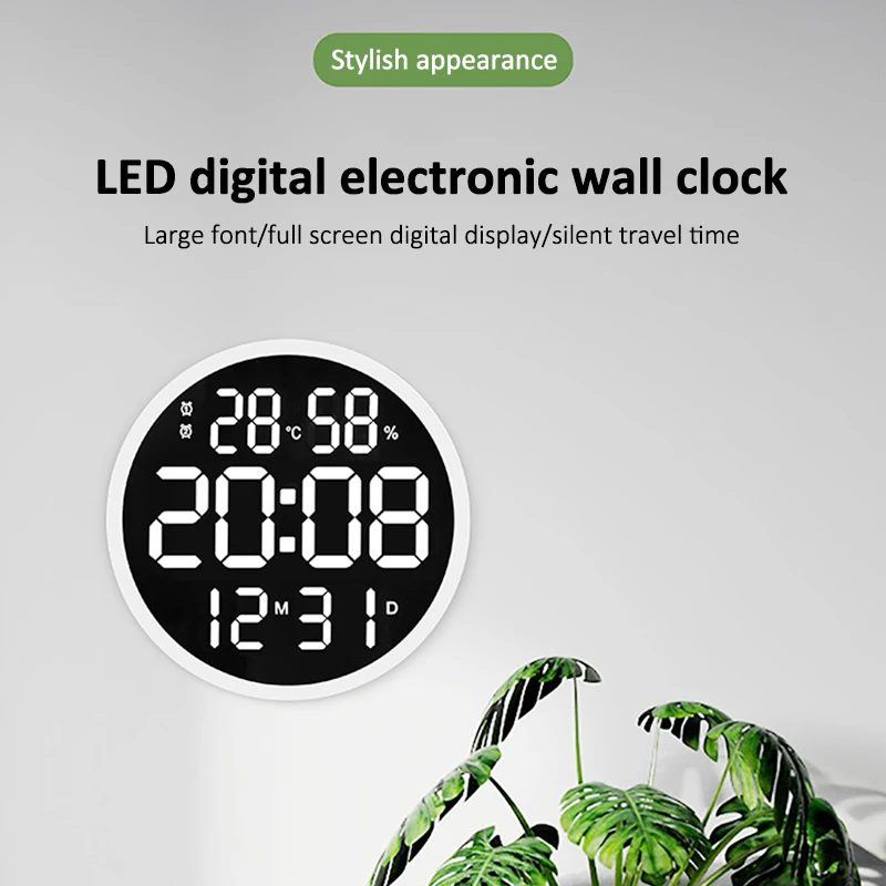 Silent Led Electronic Round 3D Large Wall Clock Digital Temperature Humidity Date Display Alarm Clock Modern Home Decoration_voghion.com