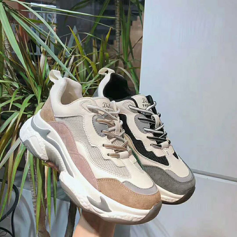 Cena Kobieta skórzana siatka daddy shoes moda grube dno kobiet platformy trampki lekkie oddychające buty na co dzień szwy kolory