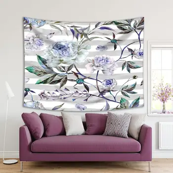 

Tapestry Peony Flowers with Stems and Leaves on Stripes Summer Blooms Romantic Garden Art Gray White Green Blue