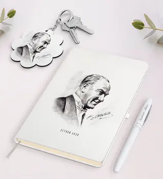 

Personalized Ataturk Themed White Notebook Pen and Keychain Gift Seti-10