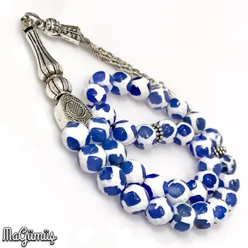 

Blue Agate Embroidered Design Natural Stone Rosary