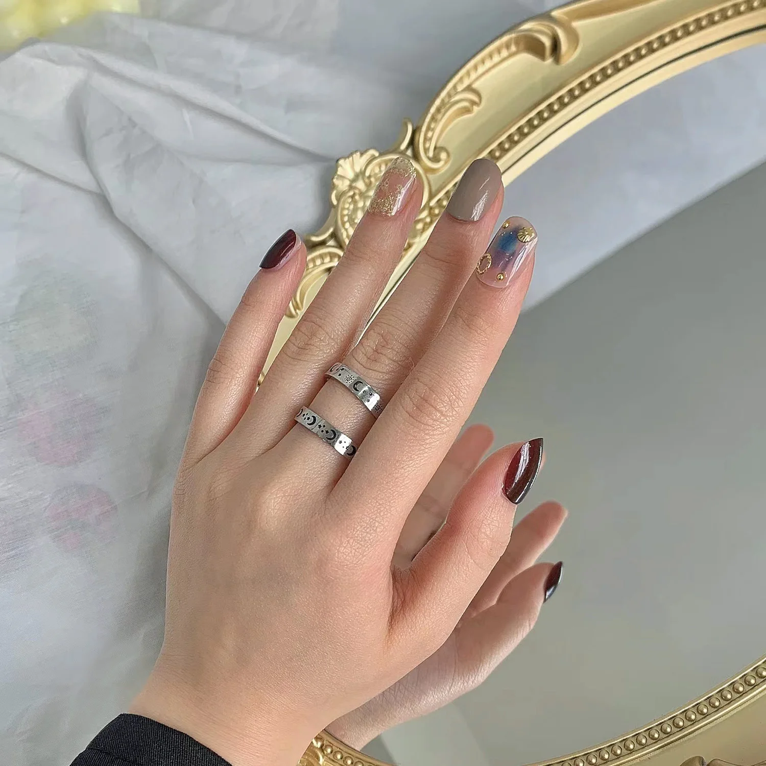 Engraved Star Sun Moon Ring For Men Women Vintage Punk Stainless Steel Couple Rings Fadeless Fashion Wedding Party Jewelry