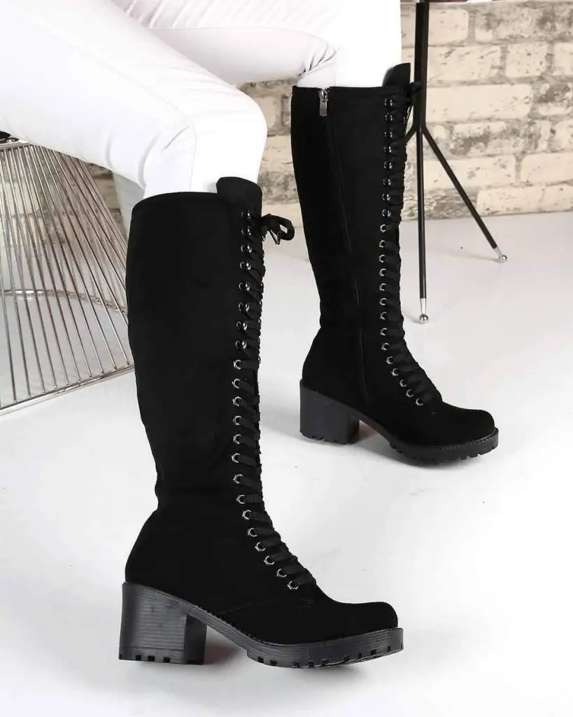 

Mosimoso Women's Ankle Height Boot Violette Black Suede Zipper Lace Detail Heels Women Boots