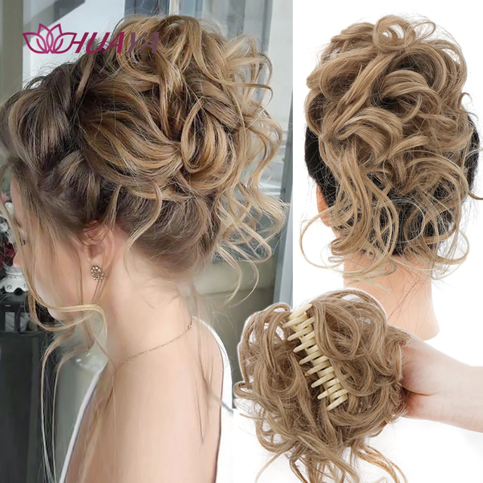 HUAYA Synthetic Messy Curly Claw Hair Bun Chignon Hair Extensions Scrunchy Fake False Hair With Tail for Women Hairpieces