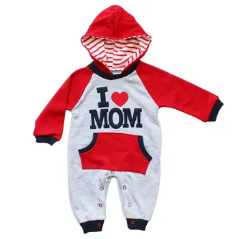 

I Love Mom Red Gray Hooded Jumpsuit New Fashion Newborn Toddler Infant Baby Boys Romper Long Sleeve Playsuit Jumpsuit Little size