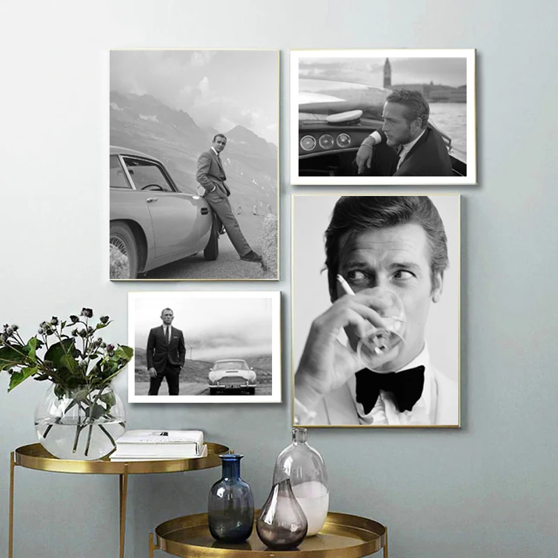 Gentleman Spy Movie 007 Poster Bond Cars In Bianco E Nero Attore Stampe Film Canvas Painting Wall Art Picture Living Room Decor