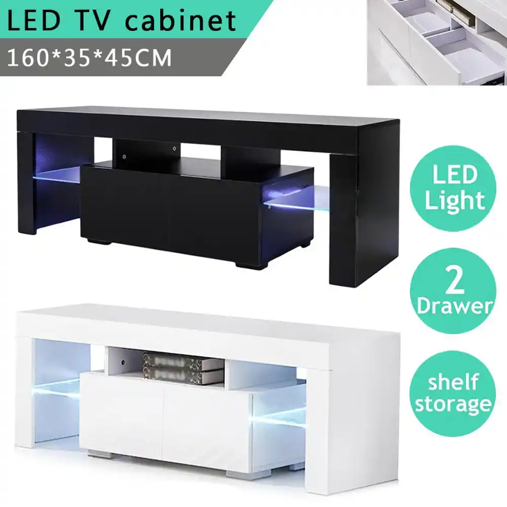160cm Length Wooden Panel Tv Cabinet 2 Storage Drawers Led Light