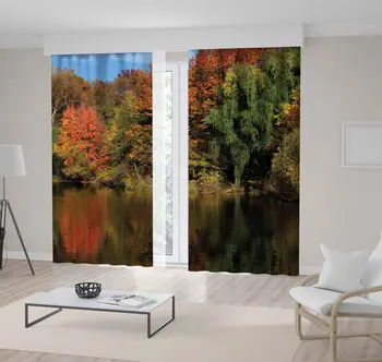 

Curtain Trees in Park Fall Colors Reflected in Still Waters of a Calm Lake Sunny Blue Sky Green Orange Nature view Printed