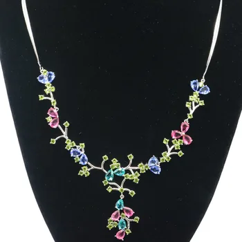 

26x21mm Multi Color Created Aquamarine Peridot Tourmaline Tanzanite Ladies Silver Necklace 19-20inch