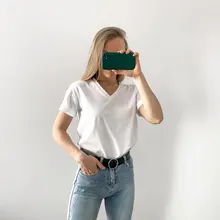 Summer T-Shirt Tees Short-Sleeve Basic Female V-Neck Women Ladies Hirsionsan 100%Cotton