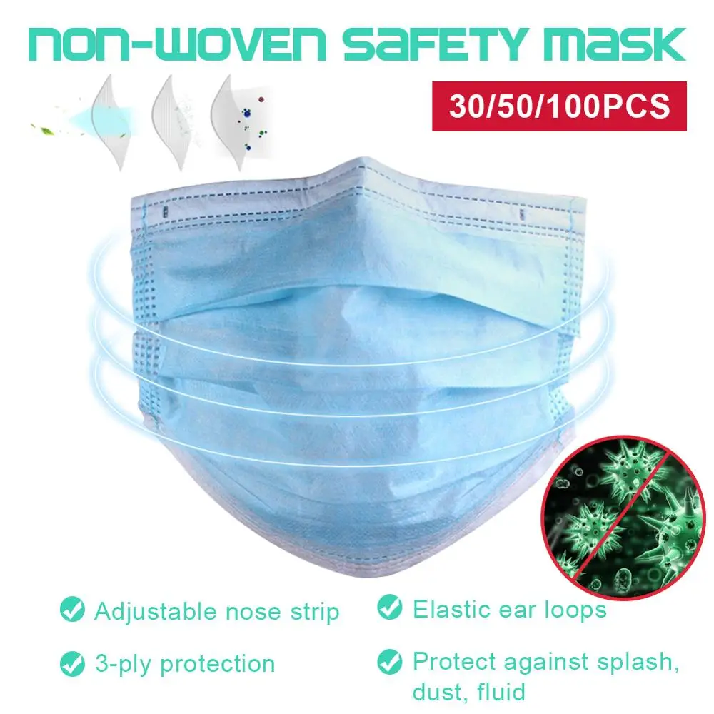 

Disposable Safety mouth face mask 3 Layer filter Masks Anti Dust Droplet pollution epidemic protection Mask PM 2.5 30/50/100Pc