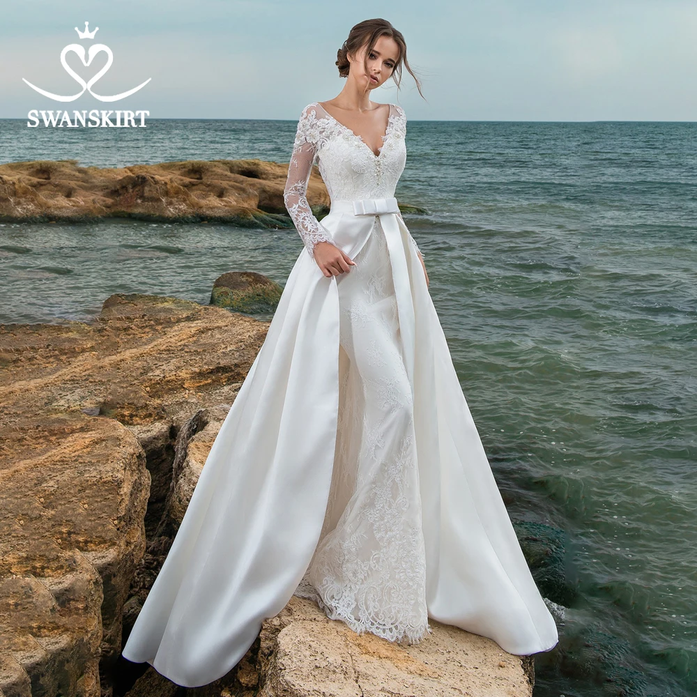 Свадебное платье со съемным шлейфом 2019 Swanskirt с v-образным вырезом, атласное с юбкой-русалкой Vestido de noiva, свадебное платье с длинным рукавом и