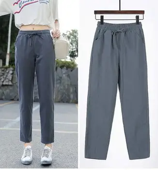 

KIL9307 Womens Spring Summer Pants Cotton m002 Linen Solid Elastic waist Candy Colors Harem Trousers