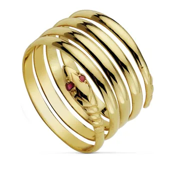 

18k solid gold ring snake 4 laps red stones [AA7465]