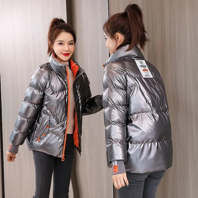 Winter Jacket Women 2021 New Glossy Down Cotton Coat Winter Warm Down Jacket Parkas Thick Warm Cotton-Padded Coat Outwear Female Gray
