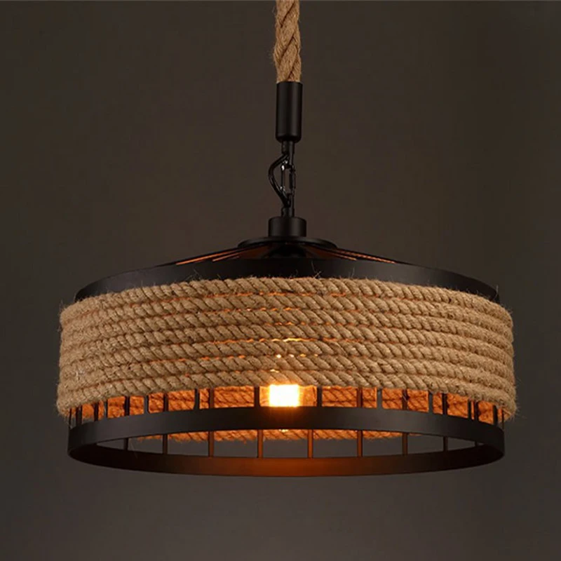 

Vintage Hemp Rope Hanging Lamp Bar Restaurant Round Chandelier Decorative Night Light