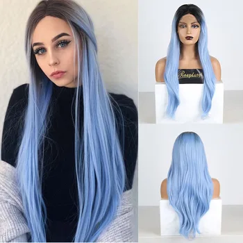 

RONGDUOYI Cosplay Wigs for Women Natural Hairline Straight Hair Synthetic Lace Front Wig Ombre Blue Fiber Hair Two Tone Wigs