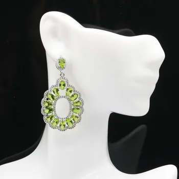 

10.2g Real 925 Solid Sterling Silver Long Big Created Green Peridot White CZ Present Woman's Earrings 47x23mm