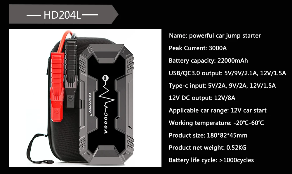 New Arrival 22000mah 3000A Car Jump Starter  Type-C Input Emergency Battery With Digital Display For Car car jumper