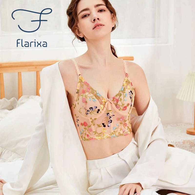 Sheer Bralette Transparent Flower Lingerie Vintage Floral See Through Mesh  Embroidered Wireless Bra Plus Size -  Singapore