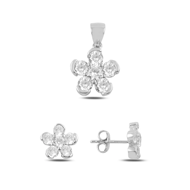 

Silver 925 Sterling Zircon Cubic Zirconia Flower Earrings & Pendant Set