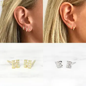 

S925 Sterling Silver Stud Earring For Women Girl Trendy Letter Golden Silver Zircon Small Earrings Charms Jewelry Accessories