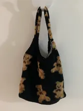 Bolso grande de tela de oveja para mujer, bolso grande de hombro de lona de oso de piel esponjosa, bolso de compras suave de gran capacidad, bolso escolar para niña
