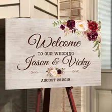 Wood Welcome Sign Wedding Welcome to Our Wedding Welcome Board Signs Custom Couple Name Date with Flower Rustic Wedding Decor