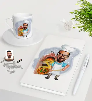 

Personalized Men 'S Kebab shops Caricature Of White Notebook Pen Turkish Coffee Cup Seti-1